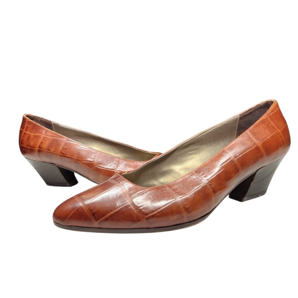 Vintage Brown Croc Leather Block Heel Pumps Dark Academia Office Siren 90s 7.5
